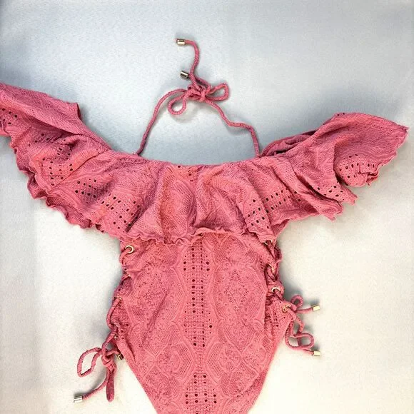 New Pink Swimsuit One Piece Lucia Ruffle Off Shoulder Side Tie Lined S-XL $170 - Picture 13 of 16